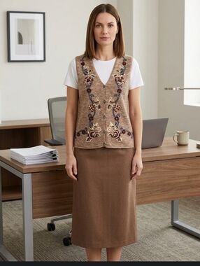 Vtg Embroidered Sweater Vest M Brown Marled Gina Peters Flowers